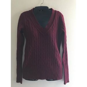 LOFT Burgundy Cable Knit V Neck Sweater Small